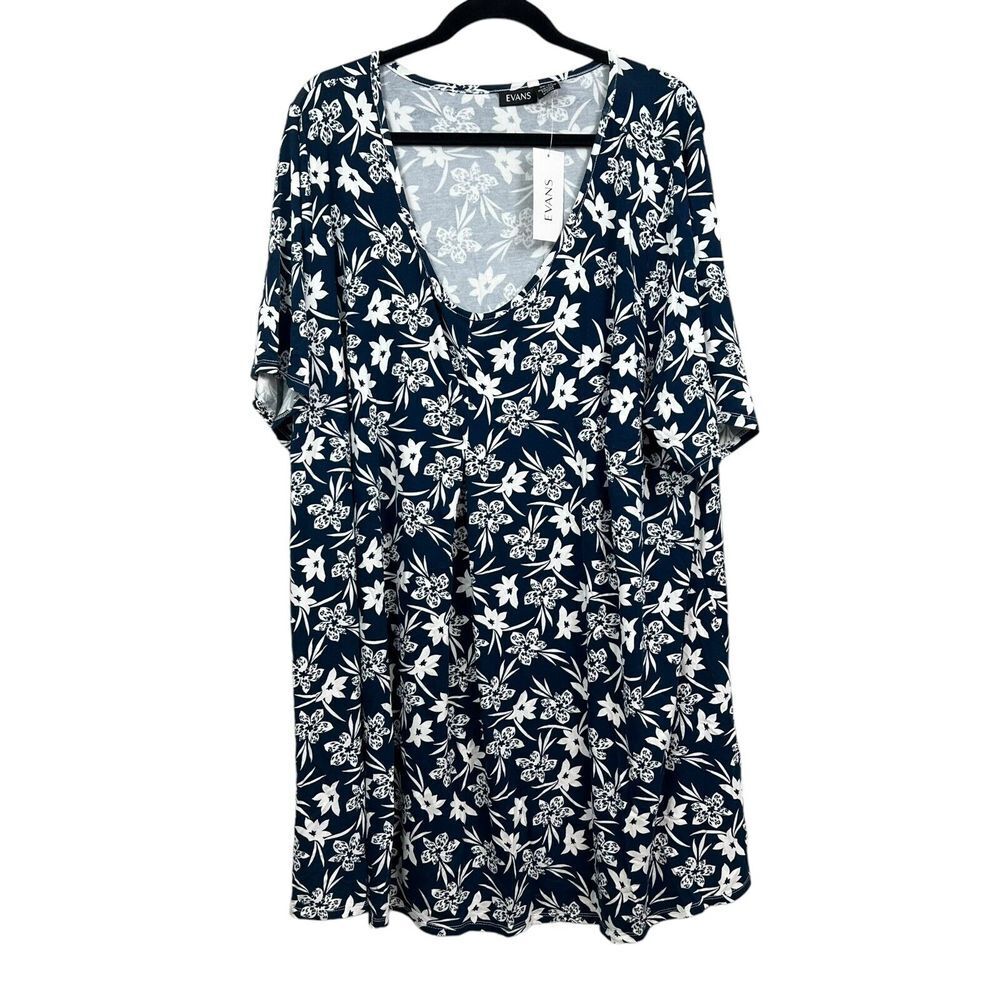 Evans Womens Tunic Top Blouse Floral Scoop Neck Short Sleeve Freesia Blue 26/28*